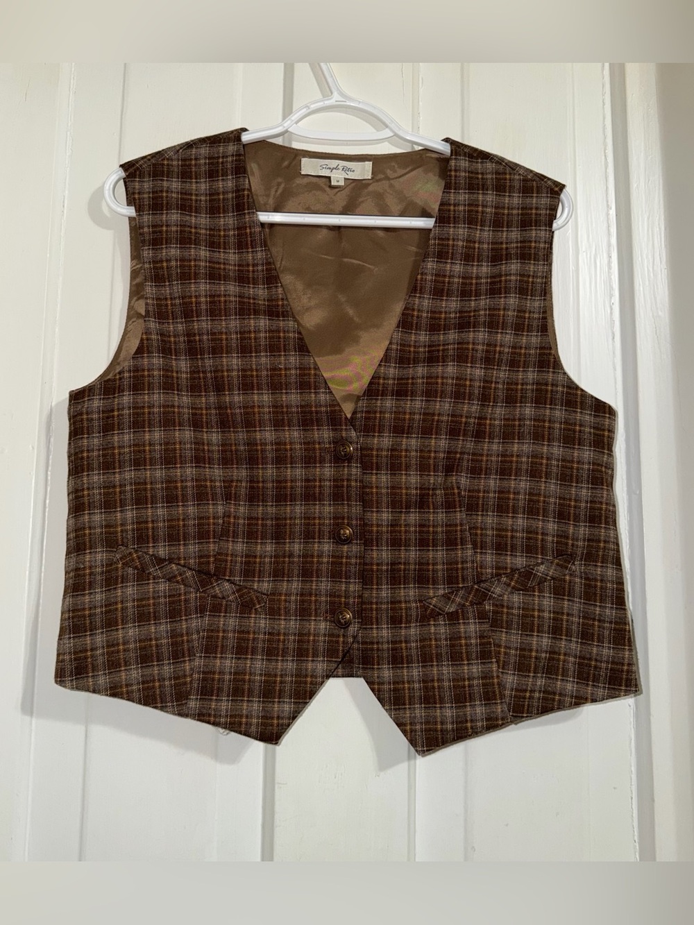 Classic Brown Plaid Womens size medium simple retro Vest Casual Waistcoat